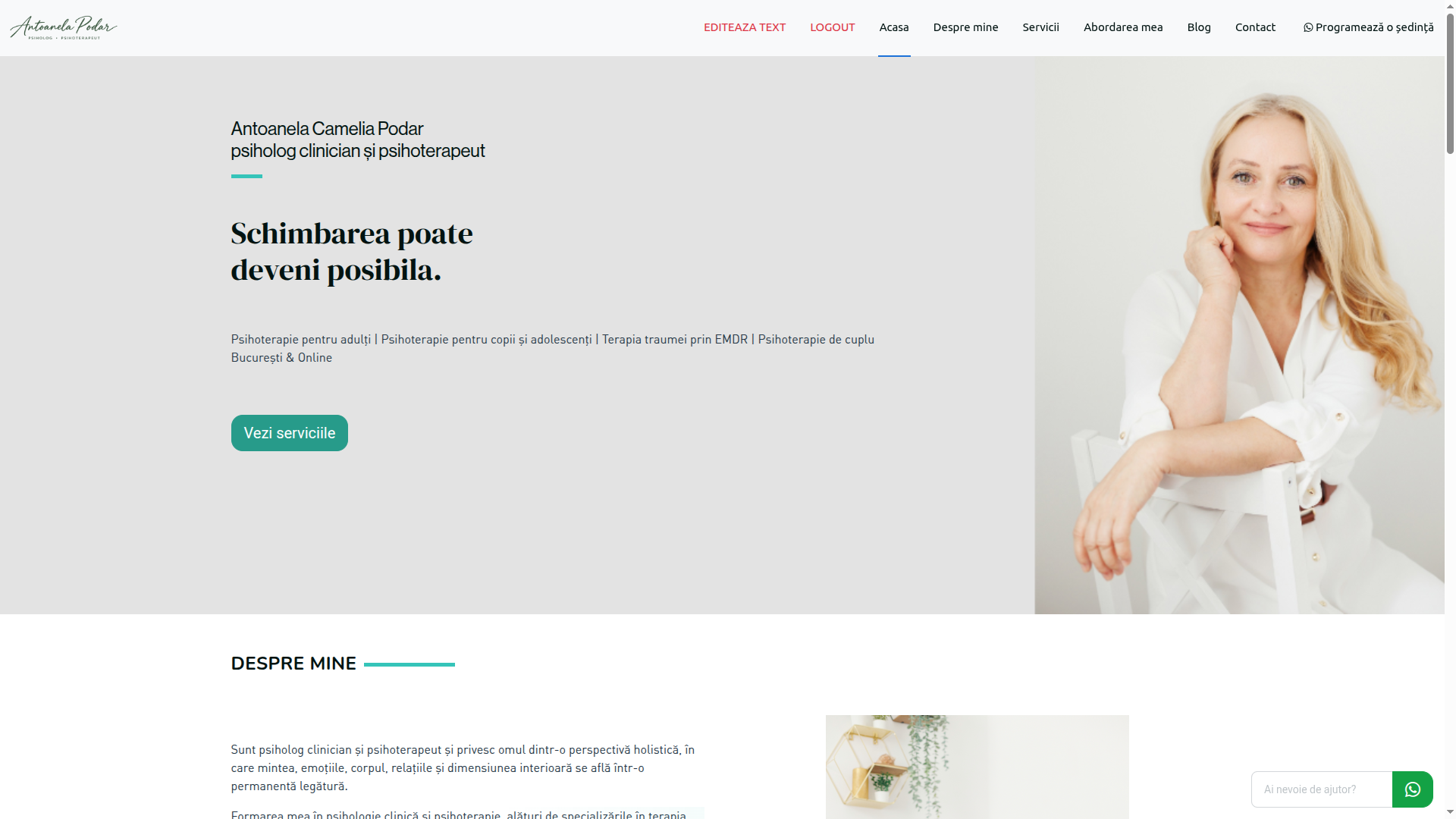 Presentation site for psychologist practice - Romanian, custom build, HTML+CSS+Javascript+Bootstrap+PHP+MySQL. URL: https://antoanelapodar.ro/