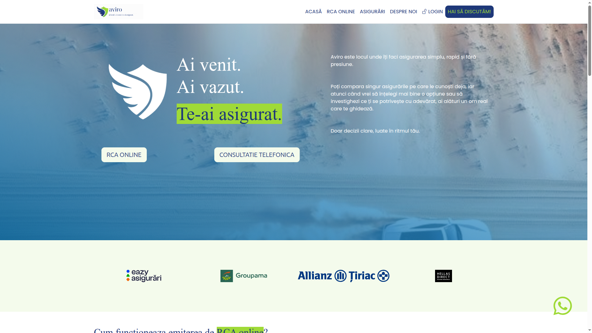 A platform for selling compulsory motor liability insurance, generating insurance quotes, and selling insurance policies. Custom build, HTML+CSS+Bootstrap+Javascript, PHP+MySQL, insurance APIs, payment processing APIs, Whatsapp Business API, SMS gateways. URL: https://aviro-asig.ro/